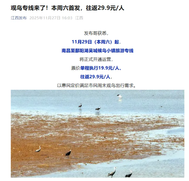 江西發(fā)布、南昌日?qǐng)?bào)、洪觀新聞先后報(bào)道江西長(zhǎng)運(yùn)開通觀鳥旅游專線